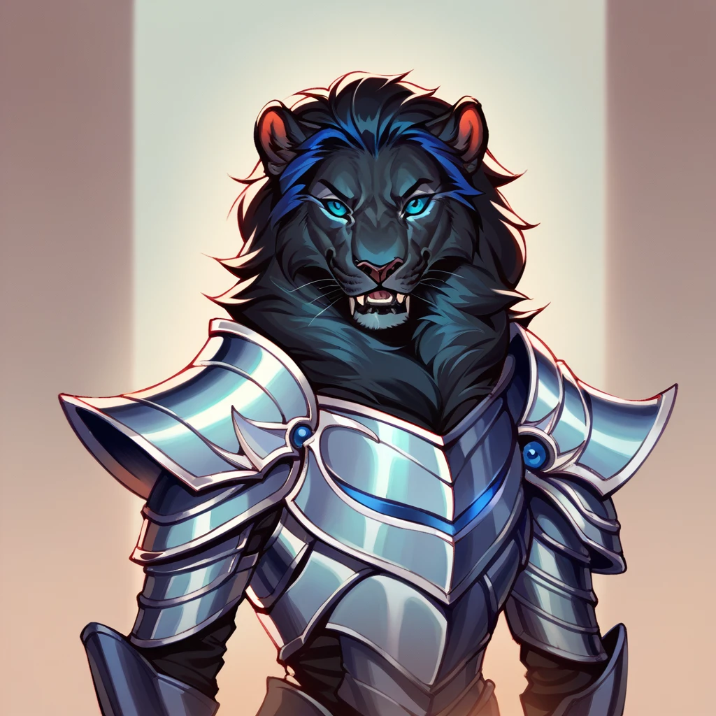 laser \(artist\), score_9, score_8_up, score_7_up, score_6_up, Evil Lion , with ebony black fur and lapis lazuli eyes in demonic armor