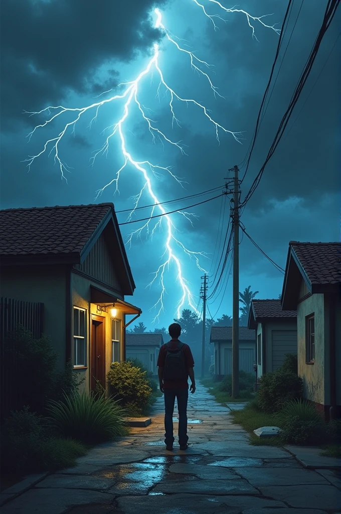 1. **Illustration 1:** An image of a small town called Valle Serena under an intense storm, with lightning lighting up the sky and Peter's house showing damage to the roof, while he looks worried outside.
