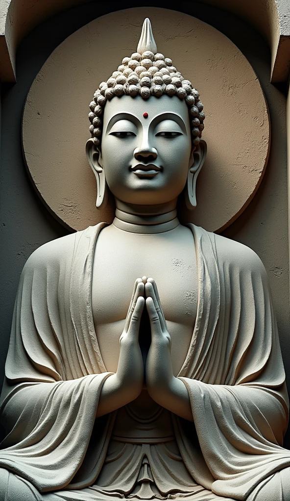 Create an image focusing on the face and upper part of the hands of a grand Buddha statue representing the Tathagata (Suchness) or Buddha of Great Enlightenment. The statue should be designed in an ancient style, carved from stone with natural textures and colors that highlight different parts of the statue while maintaining a classic, timeless appearance. The face should display serenity and wisdom, and the hands should be shown in a gesture of chanting or prayer. Ensure that the statue appears monumental and detailed, with sharp and intricate carvings. Include a large, radiant halo or aura behind the statue to emphasize its divine and mystical presence. The overall tone should reflect classic, reverent colors and an enigmatic atmosphere, enhancing the statue’s spiritual significance.