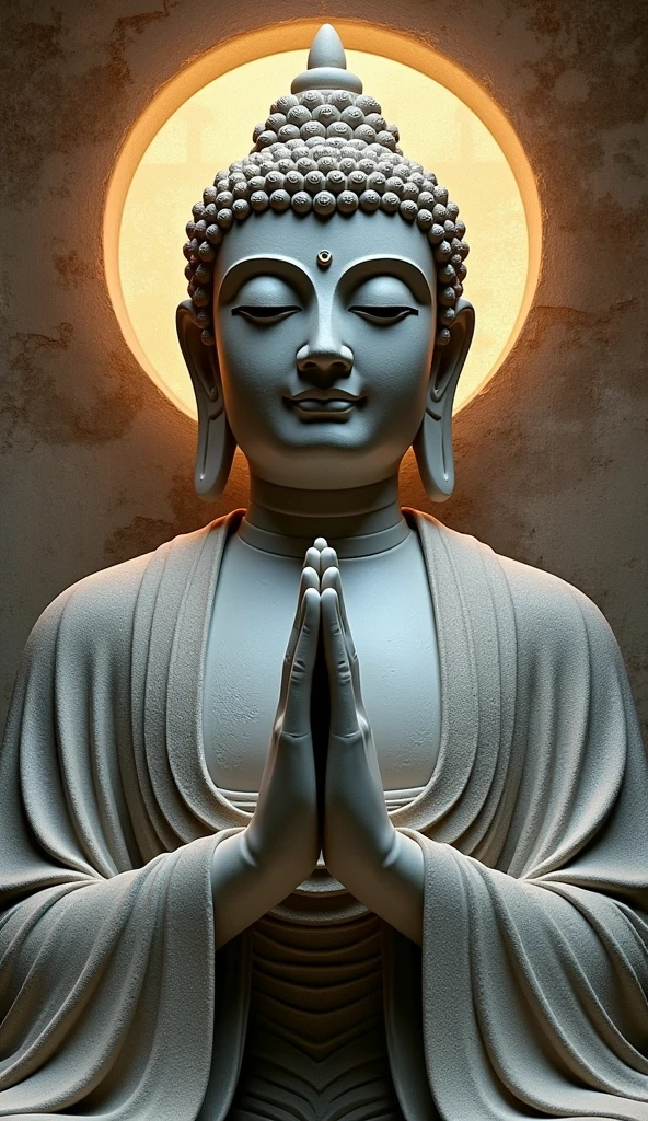 Create an image focusing on the face and upper part of the hands of a grand Buddha statue representing the Tathagata (Suchness) or Buddha of Great Enlightenment. The statue should be designed in an ancient style, carved from stone with natural textures and colors that highlight different parts of the statue while maintaining a classic, timeless appearance. The face should display serenity and wisdom, and the hands should be shown in a gesture of chanting or prayer. Ensure that the statue appears monumental and detailed, with sharp and intricate carvings. Include a large, radiant halo or aura behind the statue to emphasize its divine and mystical presence. The overall tone should reflect classic, reverent colors and an enigmatic atmosphere, enhancing the statue’s spiritual significance.