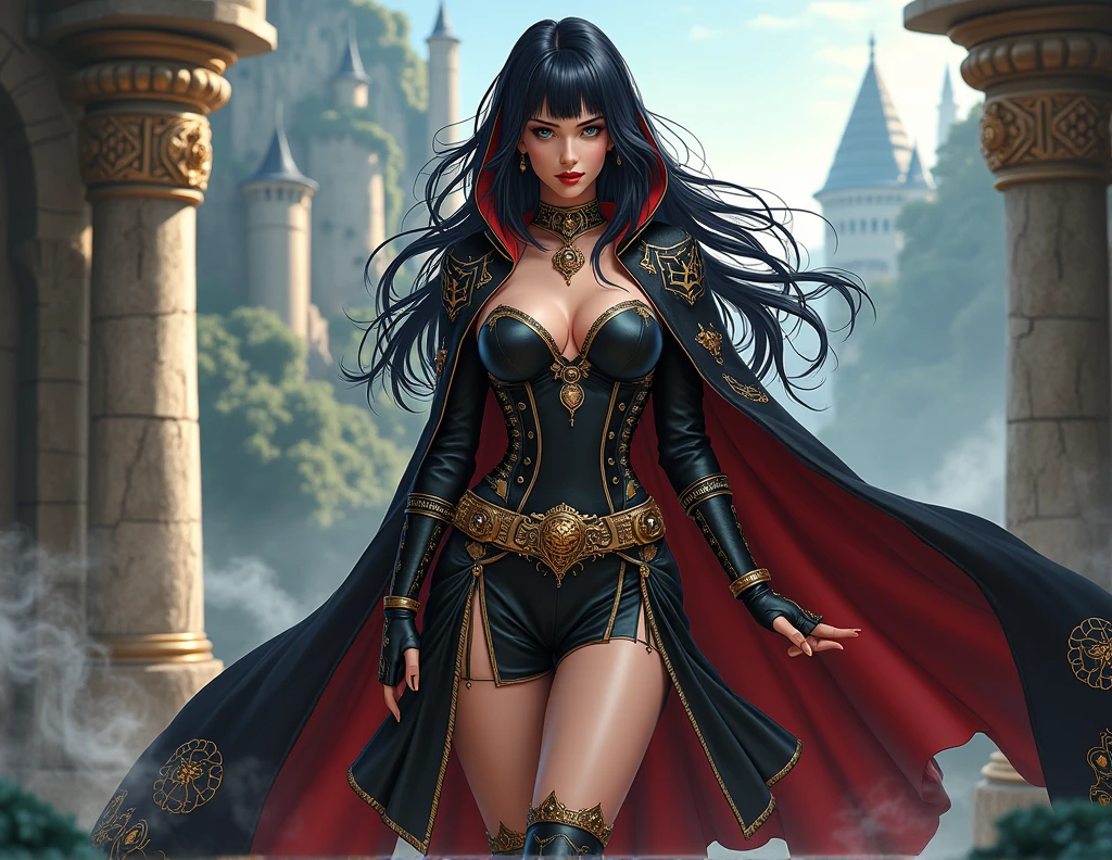 Zatanna zatara with side bangs in medieval clothing: Tunics and Long Robes, Magical Details, Capes and Hooded Capes, Magical Accessories, Colors and Textures, Boots or Elegant Shoes, Belts and Girdles being a sorceress anime isekai