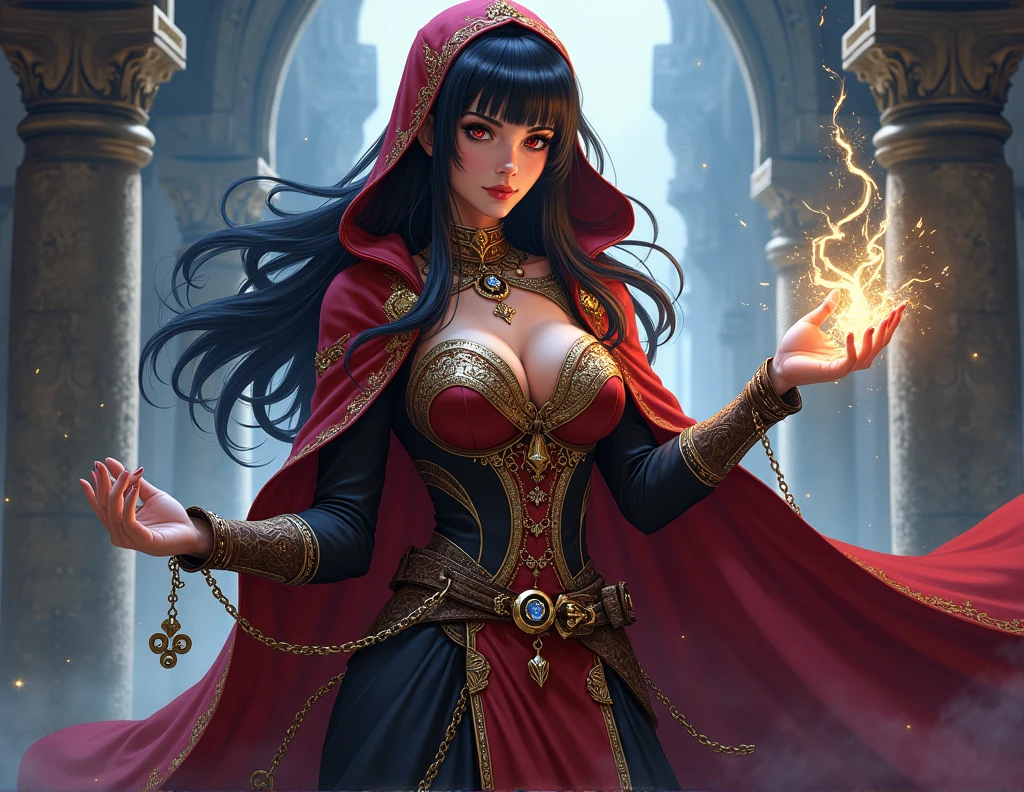 Zatanna zatara with side bangs in medieval clothing: Tunics and Long Robes, Magical Details, Capes and Hooded Capes, Magical Accessories, Colors and Textures, Boots or Elegant Shoes, Belts and Girdles being a sorceress anime isekai