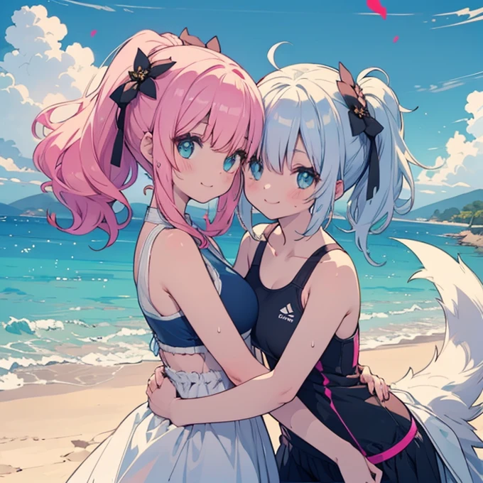 delicate、masterpiece、Highest quality、2 peopleの、2 peopleだけ、2 people、Embrace each other、(((cute、Pink Hair、Long Hair、Twin tails,distinct eyes、haveは無し)))、(((cute、Silver Hair、Side Tail、High ponytail on the left、have)))、Flat Color、2 peopleとも正面を向いている、Sparkling eyes sketch(flying debris), (Highest quality), Very detailed, ((1 person)), Focus Only,dynamic,((smile)),Perfect Face, Beautiful Face, Very detailedな顔,Swimwear,Idle only,Gorgeous hair ornament,smile,Large Breasts,Sandy Beach,Underarm、Sweat、Overlooking,