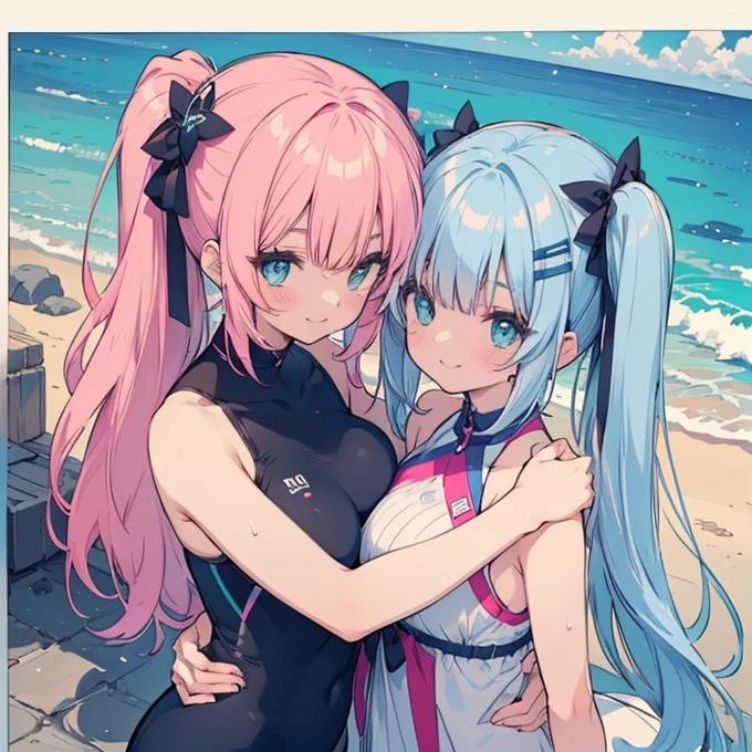 delicate、masterpiece、Highest quality、2 peopleの、2 peopleだけ、2 people、Embrace each other、(((cute、Pink Hair、Long Hair、Twin tails,distinct eyes、haveは無し)))、(((cute、Silver Hair、Side Tail、High ponytail on the left、have)))、Flat Color、2 peopleとも正面を向いている、Sparkling eyes sketch(flying debris), (Highest quality), Very detailed, ((1 person)), Focus Only,dynamic,((smile)),Perfect Face, Beautiful Face, Very detailedな顔,Swimwear,Idle only,Gorgeous hair ornament,smile,Large Breasts,Sandy Beach,Underarm、Sweat、Overlooking,