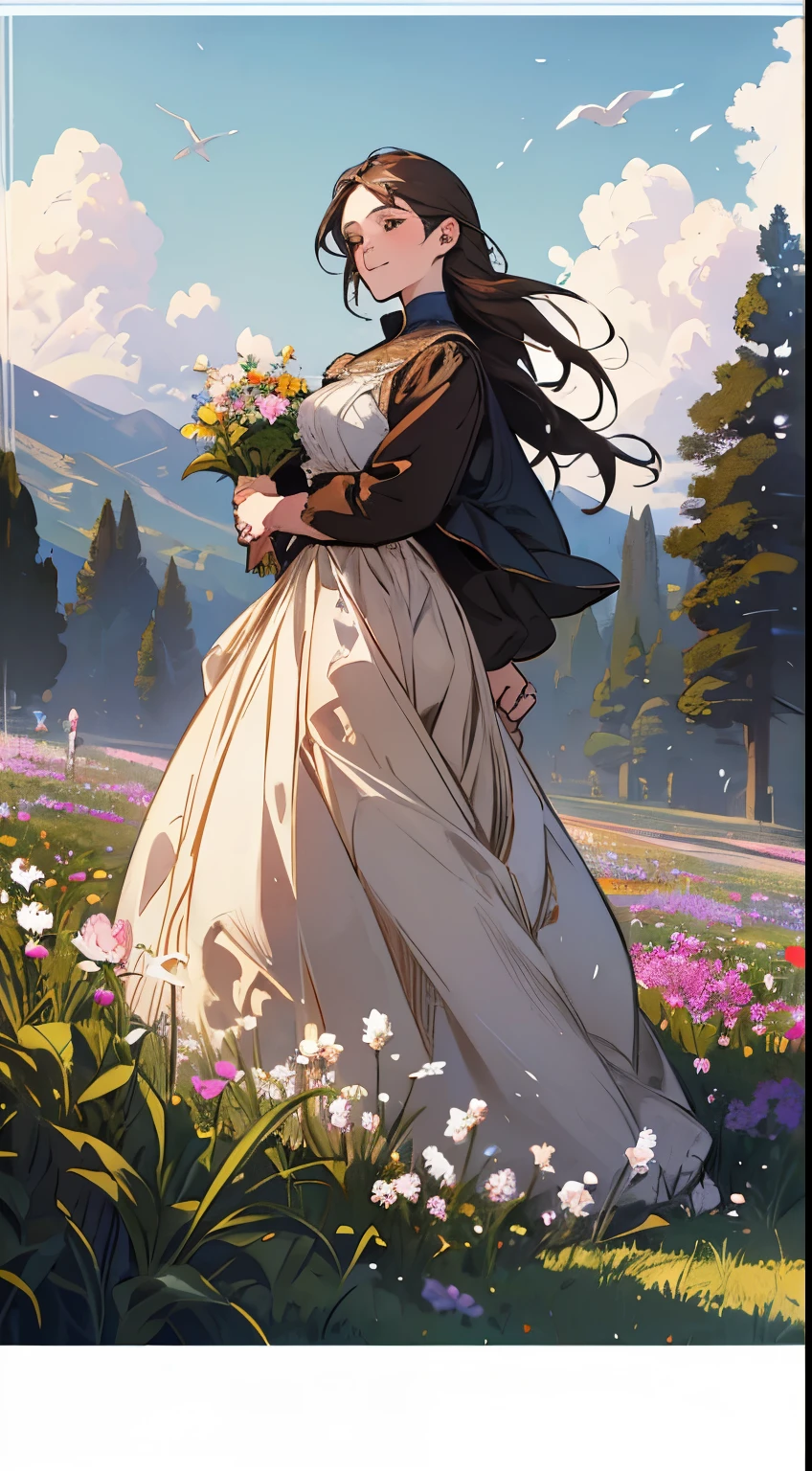 Painting of a woman standing on a hill with flowers in her hands, art by Édouard Bisson, krenzcushart, Opa jeremy lipkin, inspirado em Pierre Auguste Cot, Opa painting style, moebius + Roish + Opa, por Aleksander Gine, Marcos Ariane, inspirado em Cynthia Sheppard