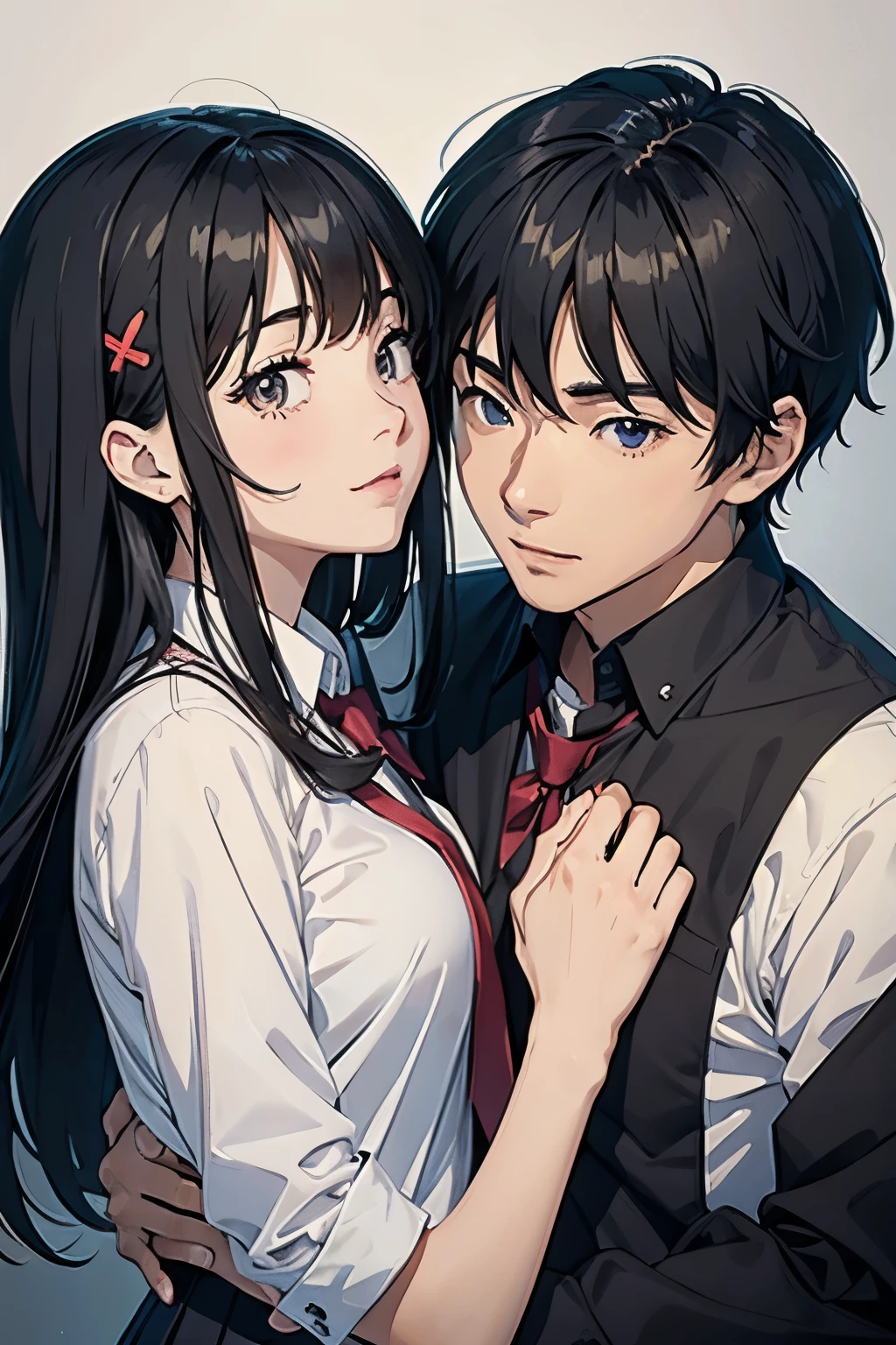 Anime couple in high school uniforms hugging each other,Black Hair