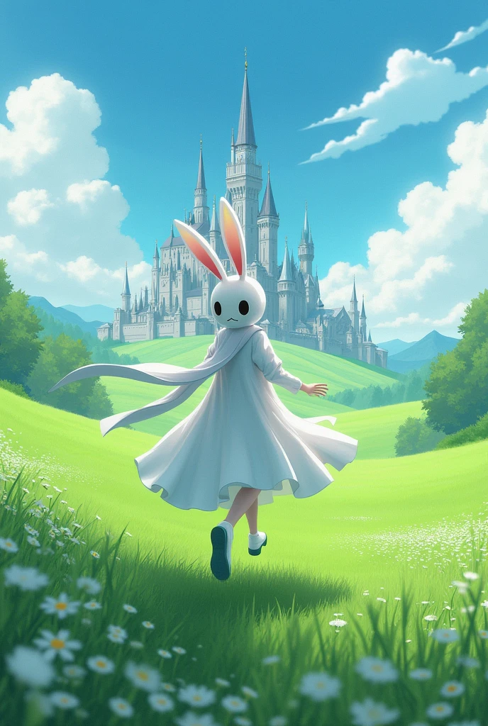  in white clothes and a rabbit mask running in a green field towards a medieval anime city
