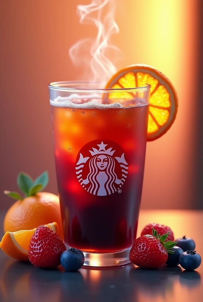 Starbucks brand hot coffee with orange infusion, strawberry and blueberry. The acidic notes of berries combine with the warmth of citrus, Creating a Relaxing Drink Ingredients:
Hot coffee with orange infusion, Strawberries and blueberries Garnished with a slice of dehydrated orange and hot smoke Style: Visually imitates a sunset, with gradient colors from dark brown to vibrant berry tones, with a glass and its Starbucks brand