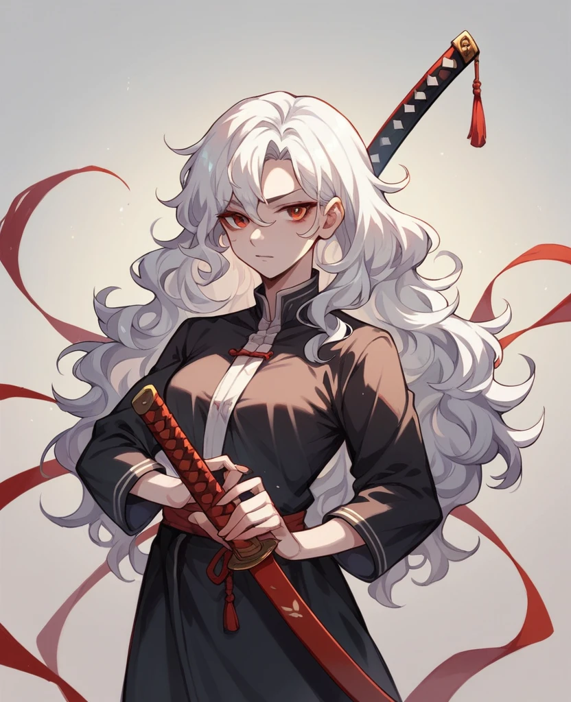 Woman with black wavy hair with white highlights with a red katana in her hand