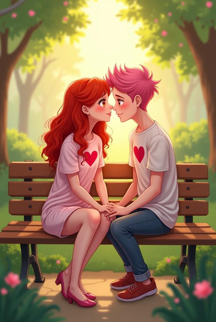 Redhead woman with her boyfriend with pink hair,with hearts clothes,sitting on a bench,looking at camera