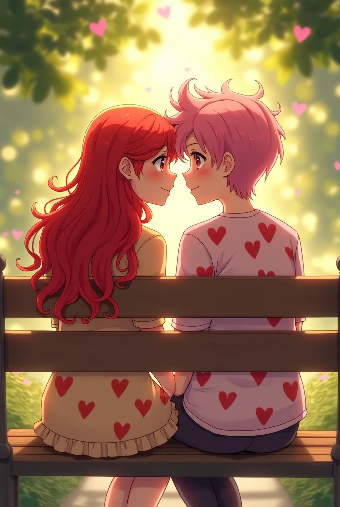 Redhead woman with her boyfriend with pink hair,with hearts clothes,sitting on a bench,looking at camera 