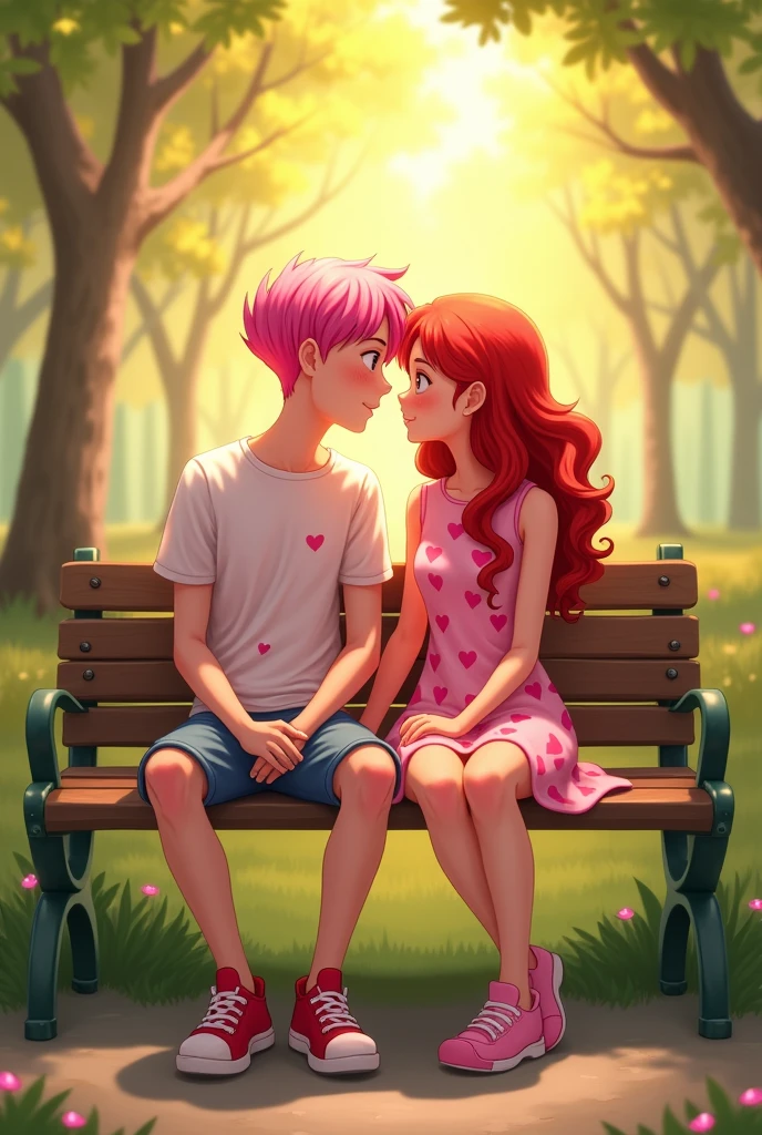 Redhead woman with her boyfriend with pink hair,with hearts clothes,sitting on a bench,looking at camera