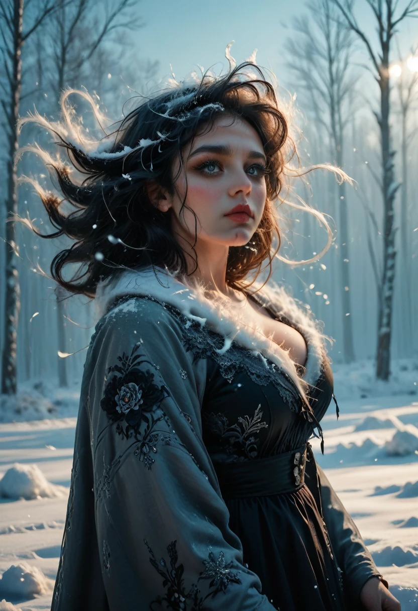 A beautiful gothic age girl with big breasts, wearing little clothing, standing in the snow with a strong wind blowing her loose hair, full body view, strikingly attractive and well-detailed, with painted nails, a spectacular image, (best quality,4k,8k,highres,masterpiece:1.2),ultra-detailed,(realistic,photorealistic,photo-realistic:1.37),1girl,detailed face,extremely detailed eyes and face,long eyelashes,beautiful detailed lips,snow,winter landscape,blowing wind,loose hair,cinematic lighting,dramatic lighting,dark moody,gothic,fantasy,conceptart