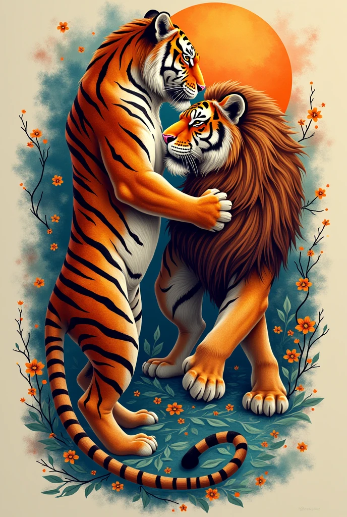 a tattoo of a tiger together with a lion