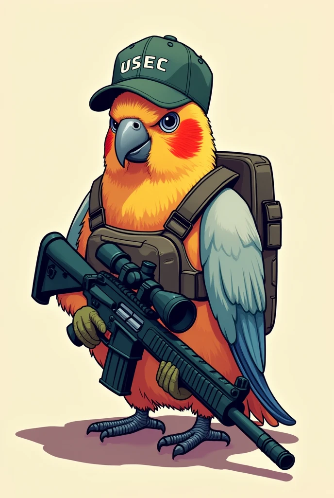 simple drawing, basic and colorful. Cockatiel without reaction or emotion, with serious expression, using a USEC cap from the game escape from tarkov, with a sniper rifle.