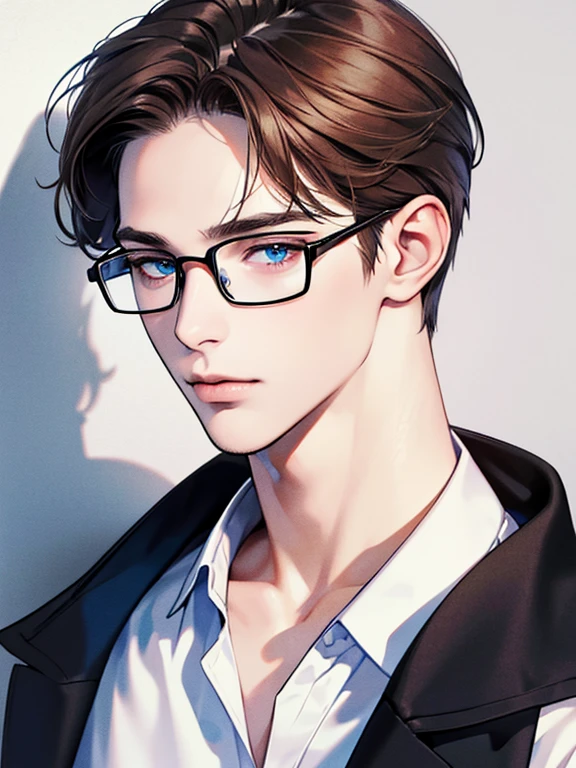 masterpiece, best quality, 1male, brunette hair, blue eyes, glasses, white shirt, mugshot, wall background, detailed eyes, detailed facial features, realistic and high resolution (best quality, 4k, 8k, highres, masterpiece:1.2)