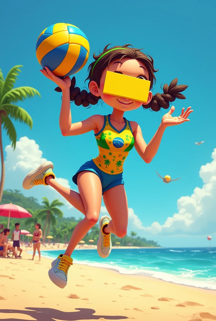 Cartoon girl beach volleyball player with Brazilian equipment and a sign covering her face that says I LOVE ANA PATRICIA
