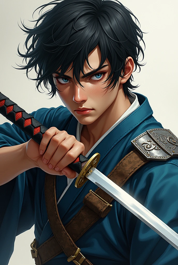 Create an illustration of a young man with a katana in his hand. He has white skin and wavy black hair.. Shoulder length hair with bangs on the forehead. Determined blue eyes. look of determination. Samurai clothing: robes and tunic with metal details. scar on the face.
