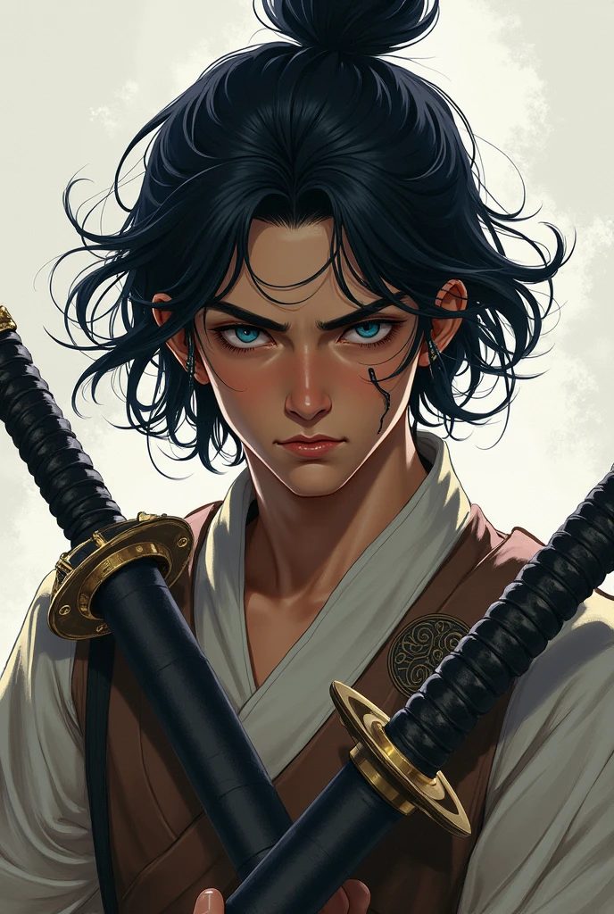 Create an illustration of a young man with a katana in his hand. He has white skin and wavy black hair.. Shoulder length hair with bangs on the forehead. Determined blue eyes. look of determination. Samurai clothing: robes and tunic with metal details. scar on the face.