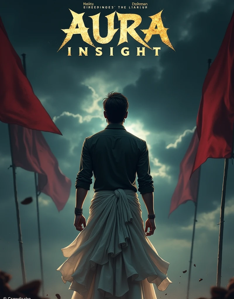Create a anime style landscape image. Dramatic movie poster featuring a central male figure standing in a powerful pose. The man has a fair skin tone and is dressed in traditional attire, including a dark shirt and a light-colored dhoti. The background is dark and stormy, with ominous clouds and two red flags flanking the figure. The text at the top is in a stylized font, colored in a gradient of gold and white, and written. The CAPITAL FONT text '((AURA INSIGHT))'. The overall tone of the poster is intense and heroic, with a focus on the central character's strength and determination. 4k, ULTRA HIGH QUALITY, UHD.