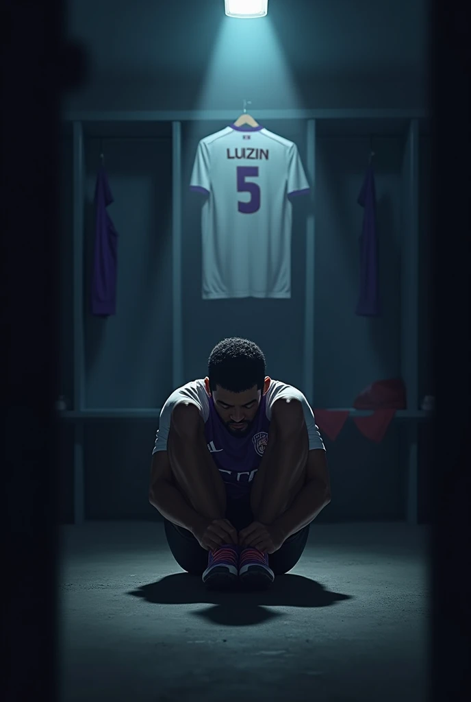 Make an image of ONE player tying his boots alone, with lights completely obscuring his face and him with medium short hair and a beard, brown skin color. the locker room is dark and the spotlights are shining on him and the Galados City team, uniform in white and purple colors and I want you to put a shirt behind and on top of it with the number 5 and the name LUIZIN. Make your surroundings completely dark. LET HIM keep his head completely down and focused, and I just want 1 shirt behind him. put on