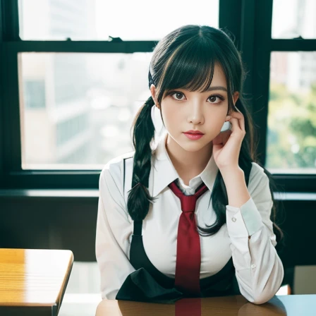 (1girl, Alone, alone), Young Japanese, Legs crossed, (Black hair, long hair, pigtails, Green eyes, (voluptuous bust)), ((Alone, (1woman, Green eyes), extremely detailed , Soft ambient lighting, 4K, perfect eyes, a perfect face, Perfect Lighting, the 1 girl)), ((schoolgirl uniform, black skirt, white shirt, red vest, black thigh highs, red tie, sitting at the table, legs crossed, window in the background, voluptuous bust))