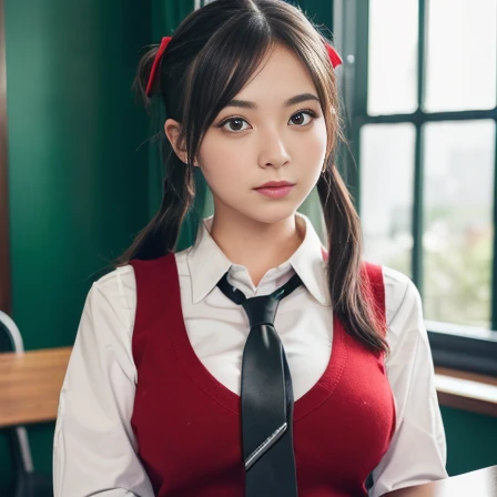 (1girl, Alone, alone), Young Japanese, Legs crossed, (Black hair, long hair, pigtails, Green eyes, (voluptuous bust)), ((Alone, (1woman, Green eyes), extremely detailed , Soft ambient lighting, 4K, perfect eyes, a perfect face, Perfect Lighting, the 1 girl)), ((girl uniform, black skirt, white shirt, red vest, black thigh highs, red tie, sitting at the table, legs crossed, window in the background, voluptuous bust))