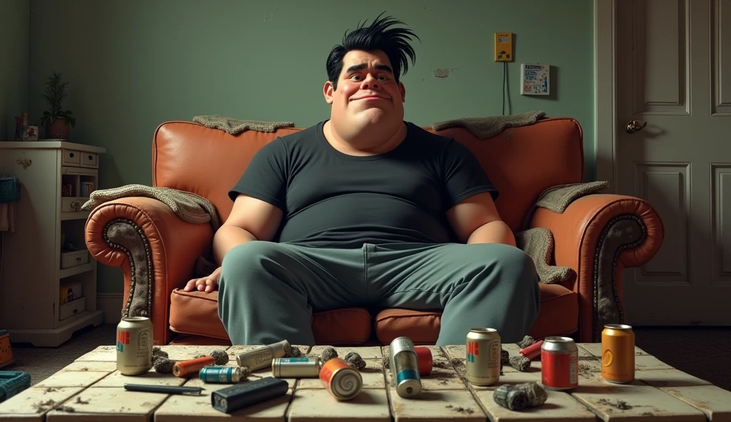In the style of the 3D animation film (Caricature). An extreme on a dirty sofa. He wears sweatpants and a black band shirt. The lower jaw protrudes, his hair is black and greasy. In front of him a tiled table with waste, Beverage cans and a streaming microphone.