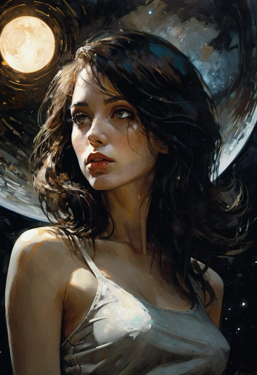 very long straight dark brown hair, small breasts, miniskirt, tank top, in space, stars, magic, planets,  (best quality, 4k, 8k, high resolution, masterpiece: 1.2)eroticism, sexy, black and white image, between shadows, oil painting, chiaroscuro, sensual, dramatic lighting, moody atmosphere, photorealistic, intricate details, masterpiece, ultra-detailed, high quality, 8k, best quality, realistic, cinematic, dark and brooding, expressionistic, powerful composition, emotional impact, art inspired by Bill Sienkiewicz and Dave McKean, ultra detailed, (realistic, photorealistic, photorealistic: 1.37), intricate details, vivid colors, sharp focus, professional, artwork by Dave McKean, surrealism touch oil, oil painting style, portrait, woman, beautiful detailed eyes, beautiful detailed lips, dreamy atmosphere, shadow play, soft lighting, fun pose, dark tones, ethereal background, fantasy elements, texture, layered composition, , art inspired by Bill Sienkiewicz and Dave McKean
