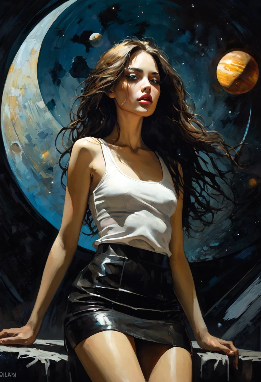 very long straight dark brown hair, small breasts, miniskirt, tank top, in space, stars, magic, planets,  (best quality, 4k, 8k, high resolution, masterpiece: 1.2)eroticism, sexy, black and white image, between shadows, oil painting, chiaroscuro, sensual, dramatic lighting, moody atmosphere, photorealistic, intricate details, masterpiece, ultra-detailed, high quality, 8k, best quality, realistic, cinematic, dark and brooding, expressionistic, powerful composition, emotional impact, art inspired by Bill Sienkiewicz and Dave McKean, ultra detailed, (realistic, photorealistic, photorealistic: 1.37), intricate details, vivid colors, sharp focus, professional, artwork by Dave McKean, surrealism touch oil, oil painting style, portrait, woman, beautiful detailed eyes, beautiful detailed lips, dreamy atmosphere, shadow play, soft lighting, fun pose, dark tones, ethereal background, fantasy elements, texture, layered composition, , art inspired by Bill Sienkiewicz and Dave McKean
