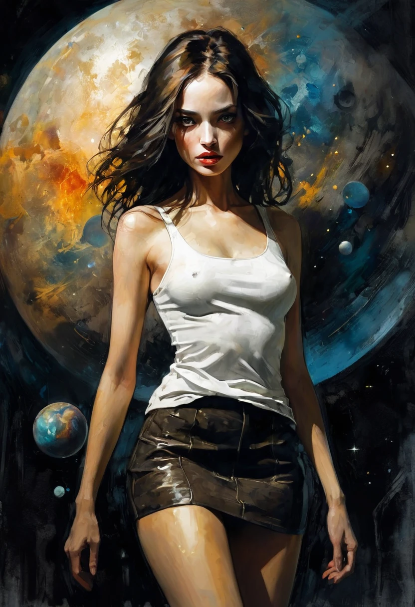 very long straight dark brown hair, small breasts, miniskirt, tank top, in space, stars, magic, planets,  (best quality, 4k, 8k, high resolution, masterpiece: 1.2)eroticism, sexy, black and white image, between shadows, oil painting, chiaroscuro, sensual, dramatic lighting, moody atmosphere, photorealistic, intricate details, masterpiece, ultra-detailed, high quality, 8k, best quality, realistic, cinematic, dark and brooding, expressionistic, powerful composition, emotional impact, art inspired by Bill Sienkiewicz and Dave McKean, ultra detailed, (realistic, photorealistic, photorealistic: 1.37), intricate details, vivid colors, sharp focus, professional, artwork by Dave McKean, surrealism touch oil, oil painting style, portrait, woman, beautiful detailed eyes, beautiful detailed lips, dreamy atmosphere, shadow play, soft lighting, fun pose, dark tones, ethereal background, fantasy elements, texture, layered composition, , art inspired by Bill Sienkiewicz and Dave McKean
