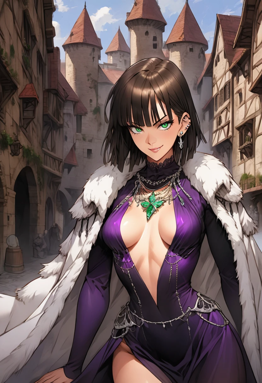 a girl, full body, medieval background, purple clothes, beautiful eyes, small chest, mischievous, elegant, enticing, extremely detailed face, adult face, mature face, milf face, adult body, green emerald eyes, foxy mature eyes, adult milf eyes, extremely detailed eyes, long eyelashes, eyeliner, frowned eyebrows, smirk smile, malicious smile, sly smile, closed mouth, full lips, brown hair, straight hair, straight bangs, shoulder length hair, hair cut at her shoulders, medium length hair, hourglass body, small boobs, small breasts, large hips, thick thighs, big butt, large ass, pierced ear, piercing on ears, thigh boots, body jewellery, purple and black dress, revealing dress, royal dress, goddess dress, open revealing neckline, purple magic, purple crystal, white fur coat
