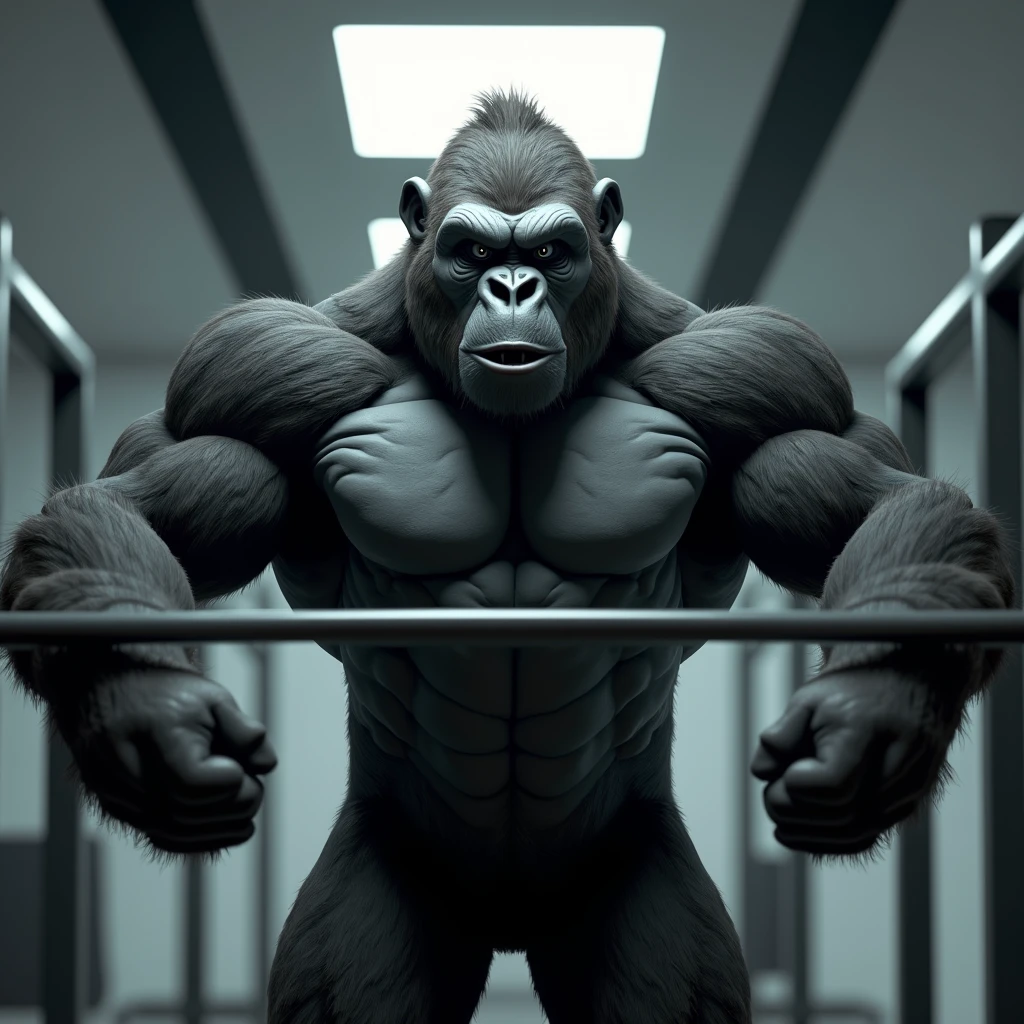 3D Animation、Gorilla doing muscle training、carrying a barbell on one&#39;s shoulders、Sweating、Painful expression