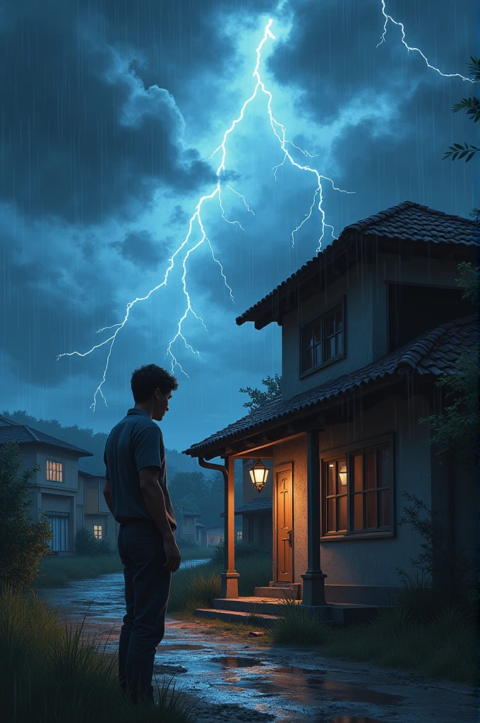 1. **Illustration 1:** An image of a small town called Valle Serena under an intense storm, with lightning lighting up the sky and Peter&#39;s house showing damage to the roof, while he looks worried outside.