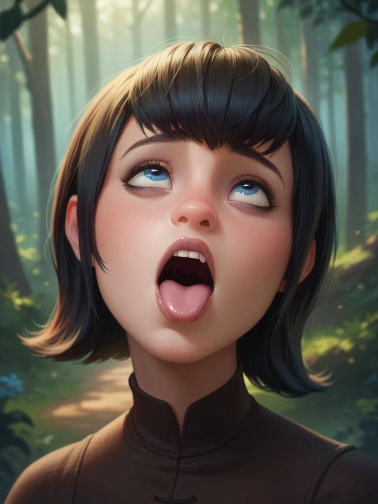 Mavis dracula, Bblack hair, blue colored eyes, upper part, ahegao, just the face, ((standing alone)), lean forward, forest in the background, looking at the spectator, best qualityer