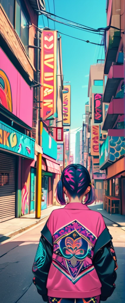 photo from behind .Tattooed woman in pink blouse holding hands to face, Vector art by Easy Medrano, Tumblr, Street art, Tattoo pattern, beautiful drawing style, Colorful illustration, Beautiful artwork, Mohbar and Malone, Very high quality artwork., Cyberpunk pattern color, Stunning art style, pop punk art style, artgasm, Badass look.photo from behind