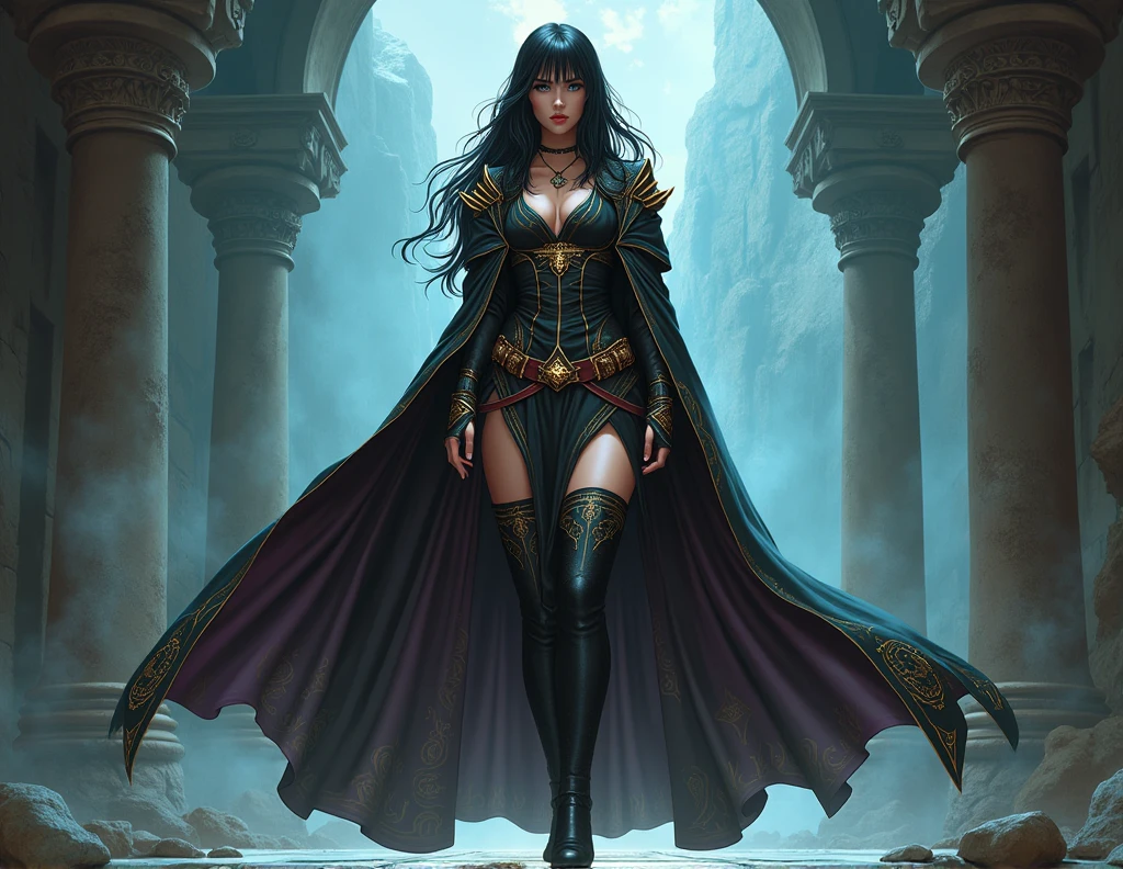 Zatanna zatara with side bangs in medieval clothing: Tunics and Long Robes, Magical Details, Capes and Hooded Capes, Magical Accessories, Colors and Textures, Boots or Elegant Shoes, Belts and Girdles being a sorceress anime isekai from head to toe