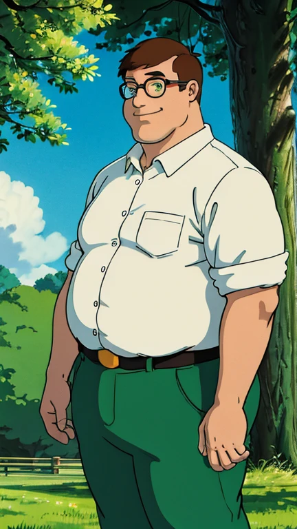 (1boy, peter griffin), (extremely detailed CG unit 8k wallpaper),(master part), (best quality), (ultra detail), (best illustration),(ghibli style), cowboy shot, (Sharp eyeliner, ombre, detail eyes:1), city park, outdoors , break , (GHIBLI_Background), upper body, white shirt, green trousers, fat body, big body, smile, round glasses, small brown hair,