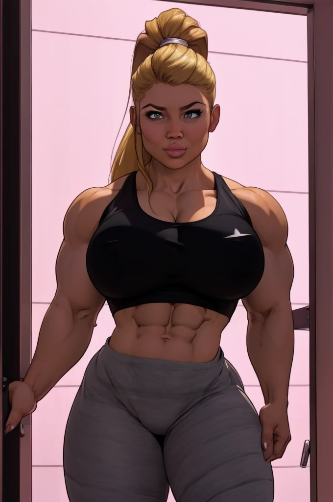 Best_QualityPos, RAW photo, intricate details, best quality, 8k uhd, bright lighting, 1girl, solo, beefy blonde personal bodyguard, (looking with reverence), ponytail hairstyle, Dunja Bitar, in a tight tactical wear, in front of home door, bulky muscular female, top filled too tight, fake tits pressed in a too tight top (breast implants, fake , unaligned breasts, perfectly round breasts), with taut top fabric stretching over chest, in a sexy pose, big breast implants, extremely huge thighs