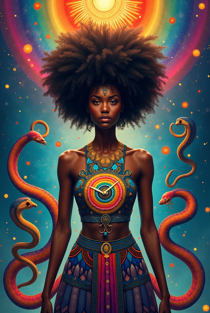 Orixá Oxumarê with an afro clock in rainbow colors with snakes in rainbow colors