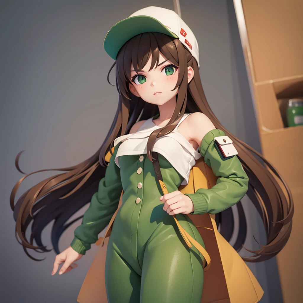 A teenage girl with brown hair and dark green eyes