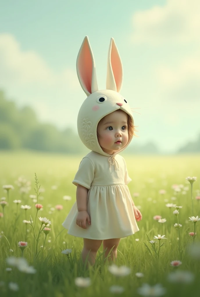 Child in white clothes and rabbit mask in a green field