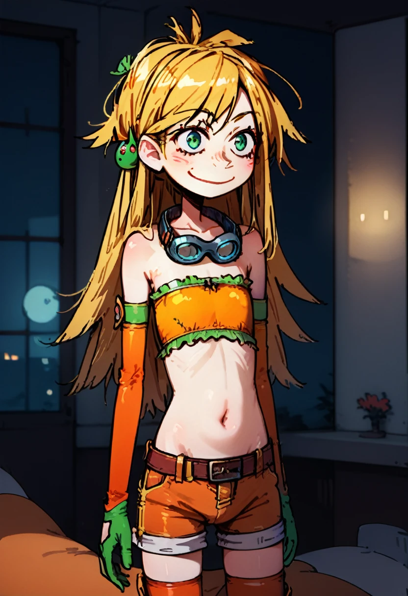 score_9, score_8_up, score_7_up,  1girl, solo, sexy, source anime, 1girl, solo, sexy, souce anime, smile,
long hair, messy hair, blonde hair, green eyes, topknot, hair ornament, detached sleeves, orange gloves, tube top, Goggles Around Neck, shorts, chaps, Detached Leggings
 , at Hong Kong, indoors, night, looking away, action scene, flat chest
 carry me pov