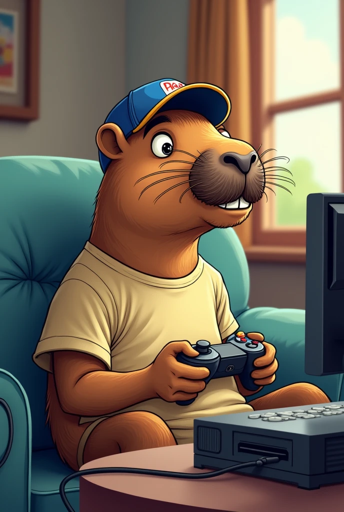drawing of a capybara with a mustache playing a video game wearing a t-shirt and cap