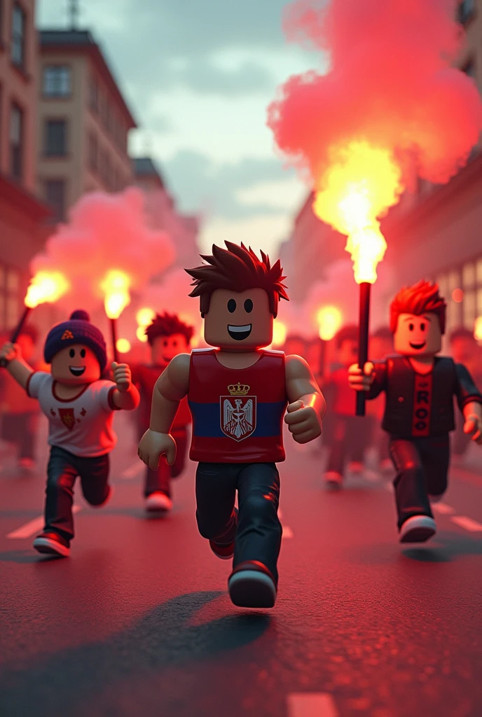 Roblox hooligans running on a Street with flares and the leader with an Serbian flag on shirt