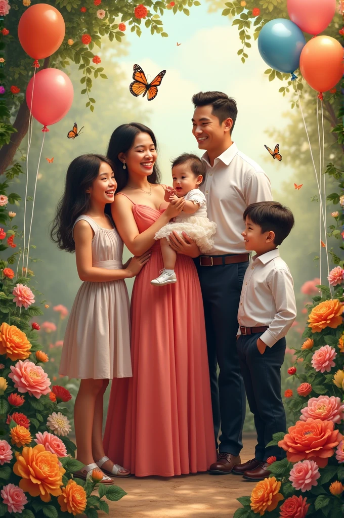 Realistic Pinoy family pictorial.woman beautiful with dress currying baby girl .and Man handsome with attire.and girl  with dress .and boy  with attire.and boy  with attire . with flowers baloons butterflies 
