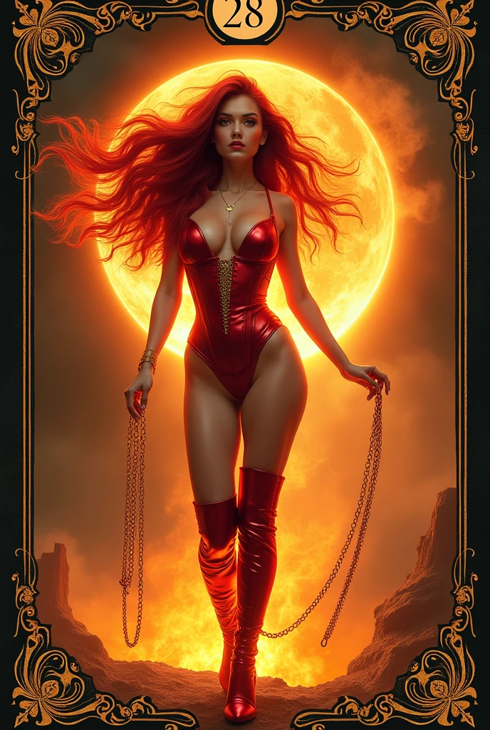 The captivating "Woman of the Flaming Spheres," the 28th card in a tantalizing tarot deck that combines traditional symbolism with a bold, modern twist. This stunning female figure, embodying the essence of fiery passion and desire, stands confidently in the foreground, her eyes burning with a seductive heat that could only be described as hot and sexy. Her gaze pierces through the viewer with an intensity that matches the blazing inferno of her pupils. Long, flowing locks of vibrant red hair cascade around her, dancing in the air as if aflame with the very essence of the element she commands. She is dressed in a form-fitting ensemble that suggests both power and allure, with a crimson corset and matching thigh-high boots that glisten with a metallic sheen. The background is a swirl of fiery oranges and reds, hinting at the intense passion and energy that surrounds her. The number 28, adorned with gold filigree, is prominently displayed at the top of the card, a testament to her significance in the grand narrative of the tarot. In one hand, she holds a set of golden chains that seem to float effortlessly around her, a symbol of her dominion over the air currents. Her other hand rests gently on the hip, a gesture that exudes both confidence and a hint of playfulness. The card's border is intricately designed with swirling patterns of smoke and embers, framing the scene like the fiery edges of a volcanic crater. This image captivates the audience with its blend of traditional tarot motifs and contemporary sex appeal, inviting introspection and interpretation into the realms of desire, freedom, and the unbridled power of the elemental force of fire.