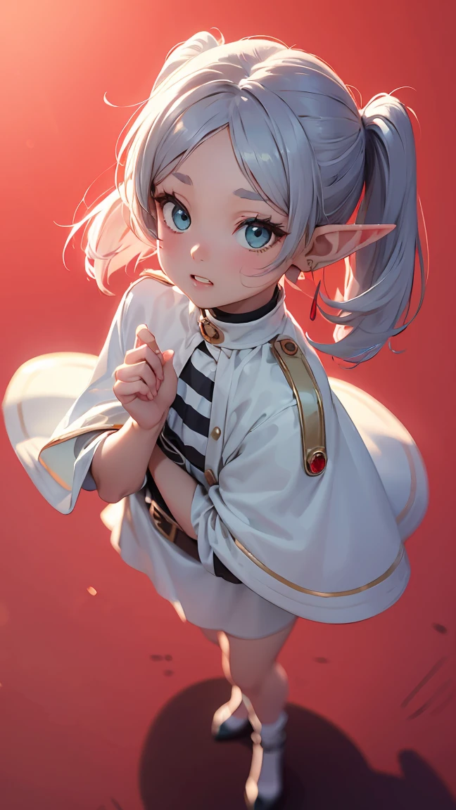 Freiren, 1 girl, long hair, long pointed ears like an elf, silvery white pigtails, jewelry, elf, earrings, capelet, white capelet, black and white striped long sleeve shirt, parted bangs, dress, belt, flowers , (16k, 8K, RAW, best quality, masterpiece 1.2), ultra HD, high resolution, high quality, best quality, (((full body image 1.3))), best quality, ultra high resolution, incredibly absurd, highly detailed, 2.5D, (close up: 1.4), (RAW photo: 1.2), (realistic: 1.4), (masterpiece: 1.3), (best quality: 1.4), ---(Best quality:1.2, City pop style, Highly detailed, Latest, Vibrant, High contrast, Masterpiece:1.2, Highest quality, Best aesthetics), Girl, ((Face up shot:1.4)), Colorful hair, Bob cut, Pastel color, 1980s style, ((Retro, Vintage, Plain background))Smug expression,,--- perfect anatomy, perfect proportions, nice lighting, bright and vivid colors, clean lines, information, blurred, stunning facial expression, restless emotions, gorgeous and cute, beautiful face and eyes in every detail, (masterpiece) beautiful face, young and handsome girl, really perfect skin, blurred, stunning facial expression, restless emotions, gorgeous and cute, beautiful face and eyes in every detail, (Audrey Hepburn), (cute), (J-POP idol), (thighs, (depth of field), (depth of field), soft light, shining lens gaze, (droopy eyes), straight teeth, shy smile, fluttering hair, a scene from Blake's movie,