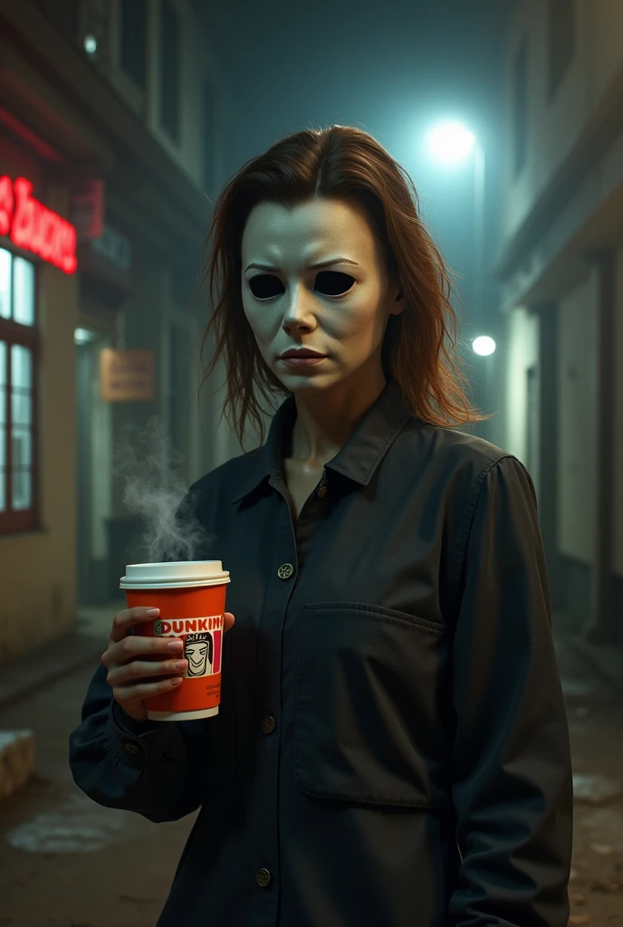 Female  micharl myers holding dunkin coffee
