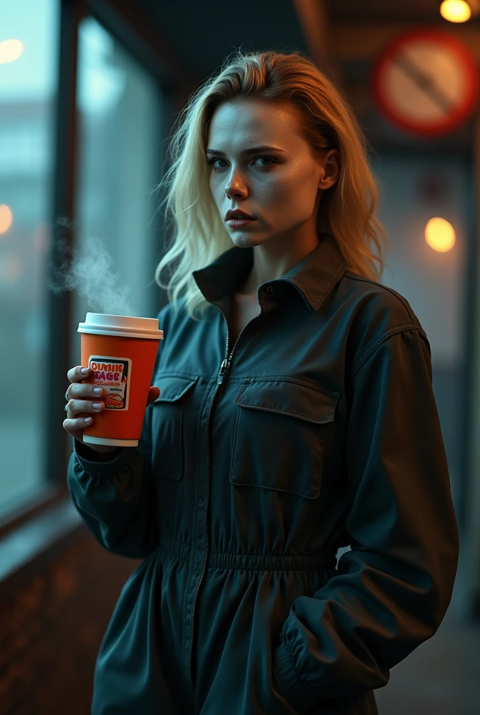 Female  micharl myers holding dunkin coffee